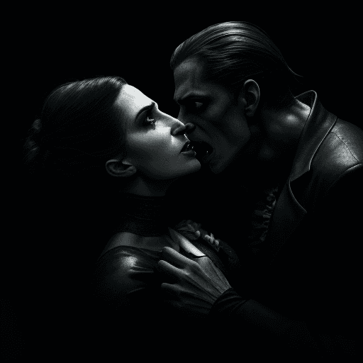 AI generated: A dramatic photo captures a woman exposing her neck to a hungry vampire. Cinematic low light casting...