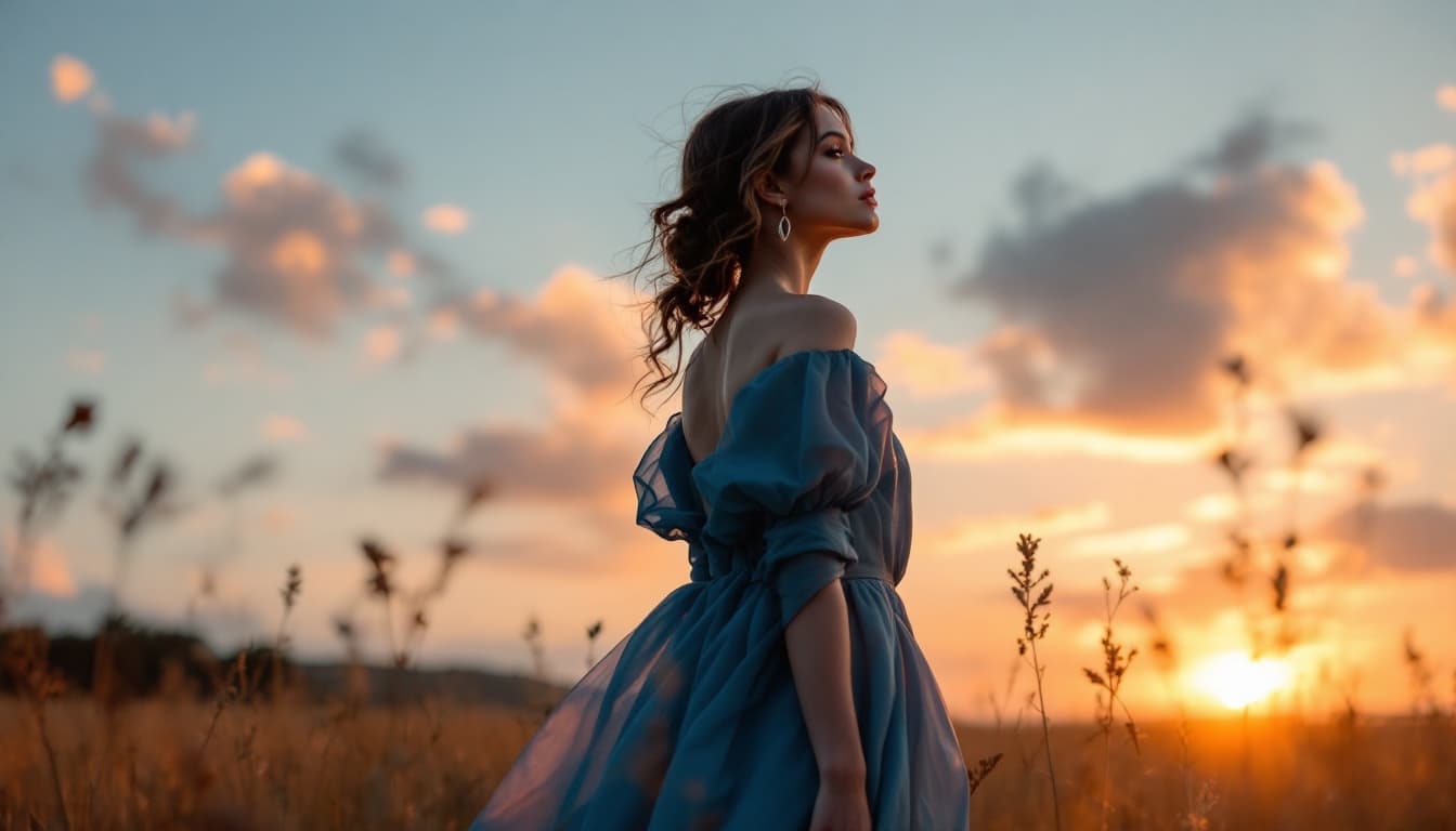 AI generated: Estilo tipo inspirador. Paisaje: campo al atardecer. Una mujer (sin aretes, ni accesorios en las ore...