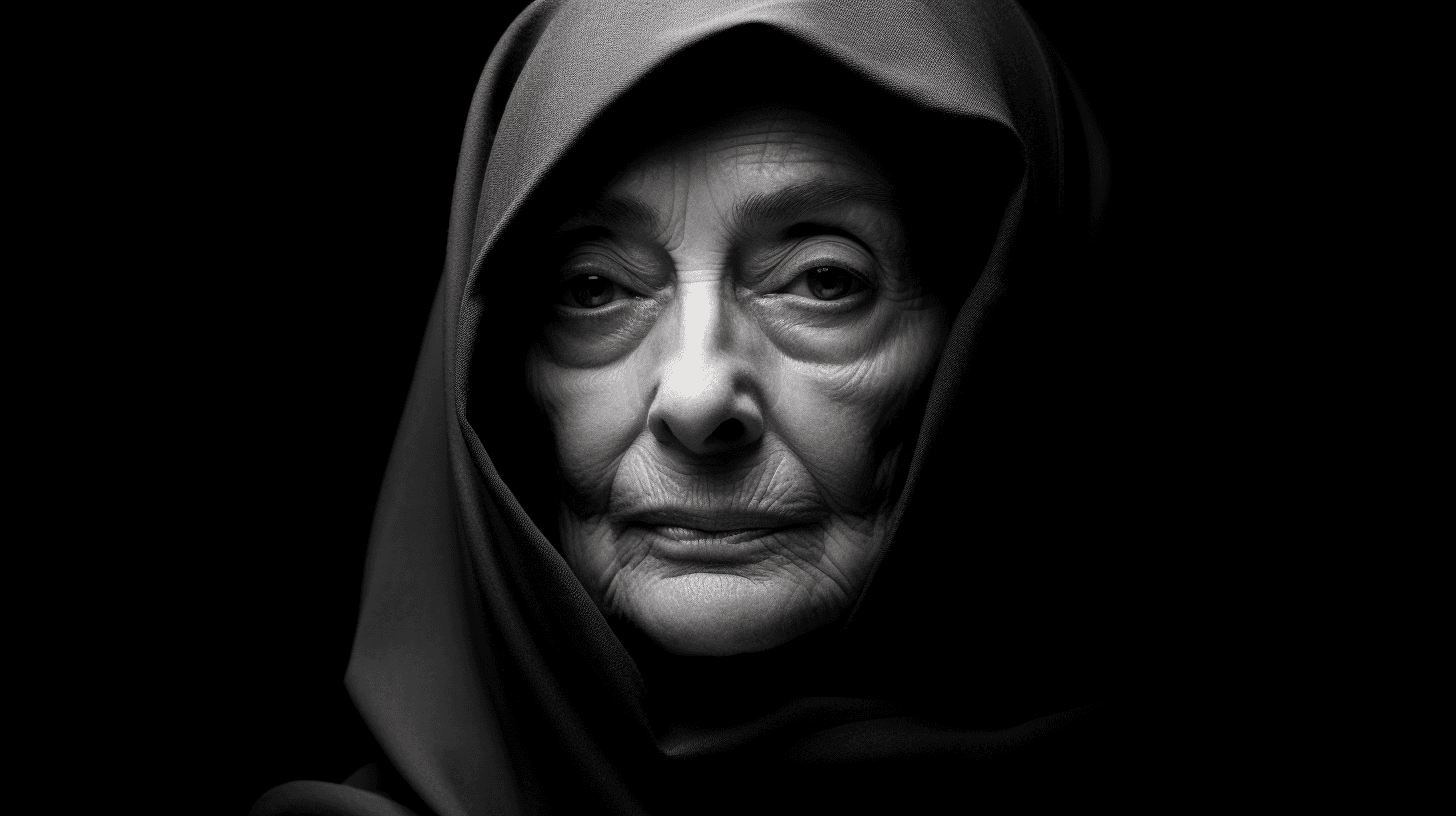 AI generated: 50 years old woman, in style of Ralph Gibson::2 and Yousuf Karsh::4, cinematic, dynamic pose, black ...