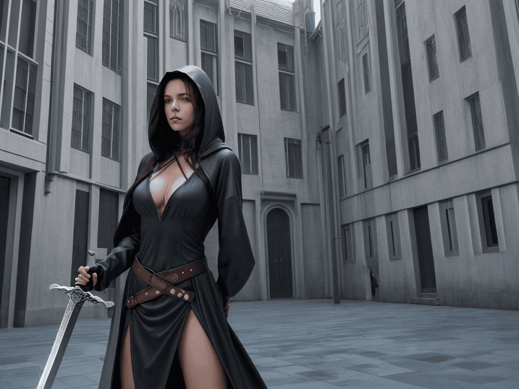 AI generated: a wide-angle photograph of a woman in a hooded outfit, holding a sword and leaning against a buildin...