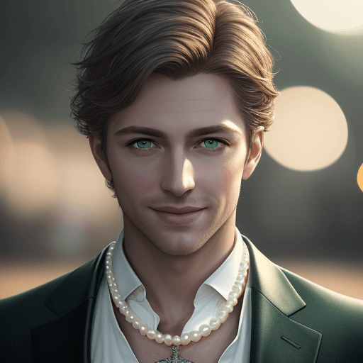 AI generated: portrait of handsome man,(smiling),photo realistic, full image, green eyes,pearl necklace, hyper-rea...