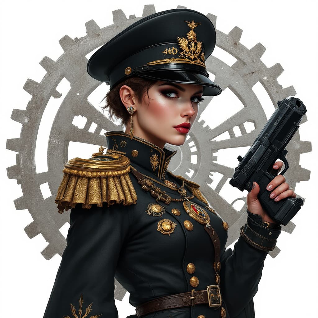 AI generated: full body, Portrait of a Evanna Lynch in warhammer 40k comissar tunic, short hair, dieselpunk, arist...