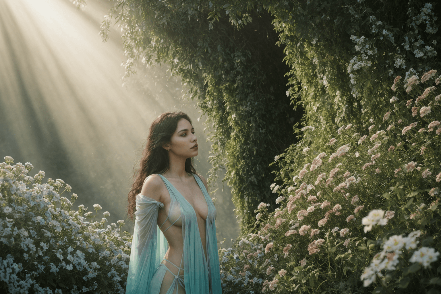 AI generated: God rays (volumetric:1.1) light. (she:1.1) is wearing (sheer:1.3) turquoise flowing robe green veget...