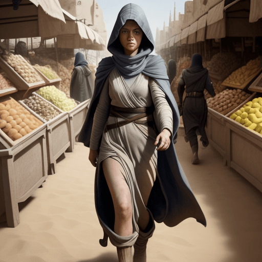 AI generated: A serious and brave female jedi walking through a market in Tatooine, wearing a hooded robe, --ar 4:...