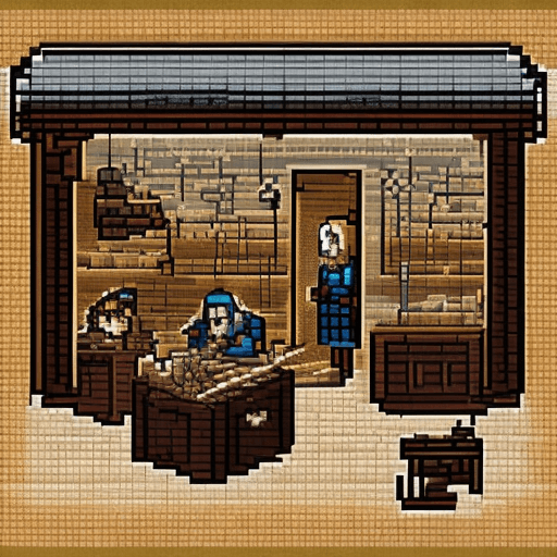 AI generated: jewelers in secret jeweler workshop, style of game of thrones, pixel art 