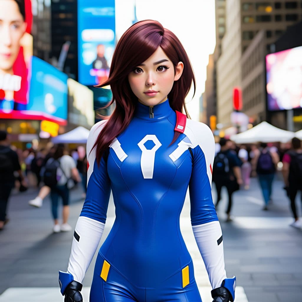 AI generated: Create an action shot of Dva from the Overwatch game, wearing a blue and white spandex bodysuit. Per...