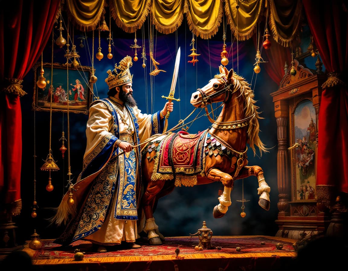 AI generated: Indian traditional puppet stage show, King made form Fabric with sword Setting on the wooden horse, ...