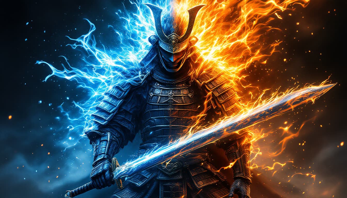 AI generated: Clad in intricately detailed armor, a fierce samurai stands poised for battle, exuding an aura of po...