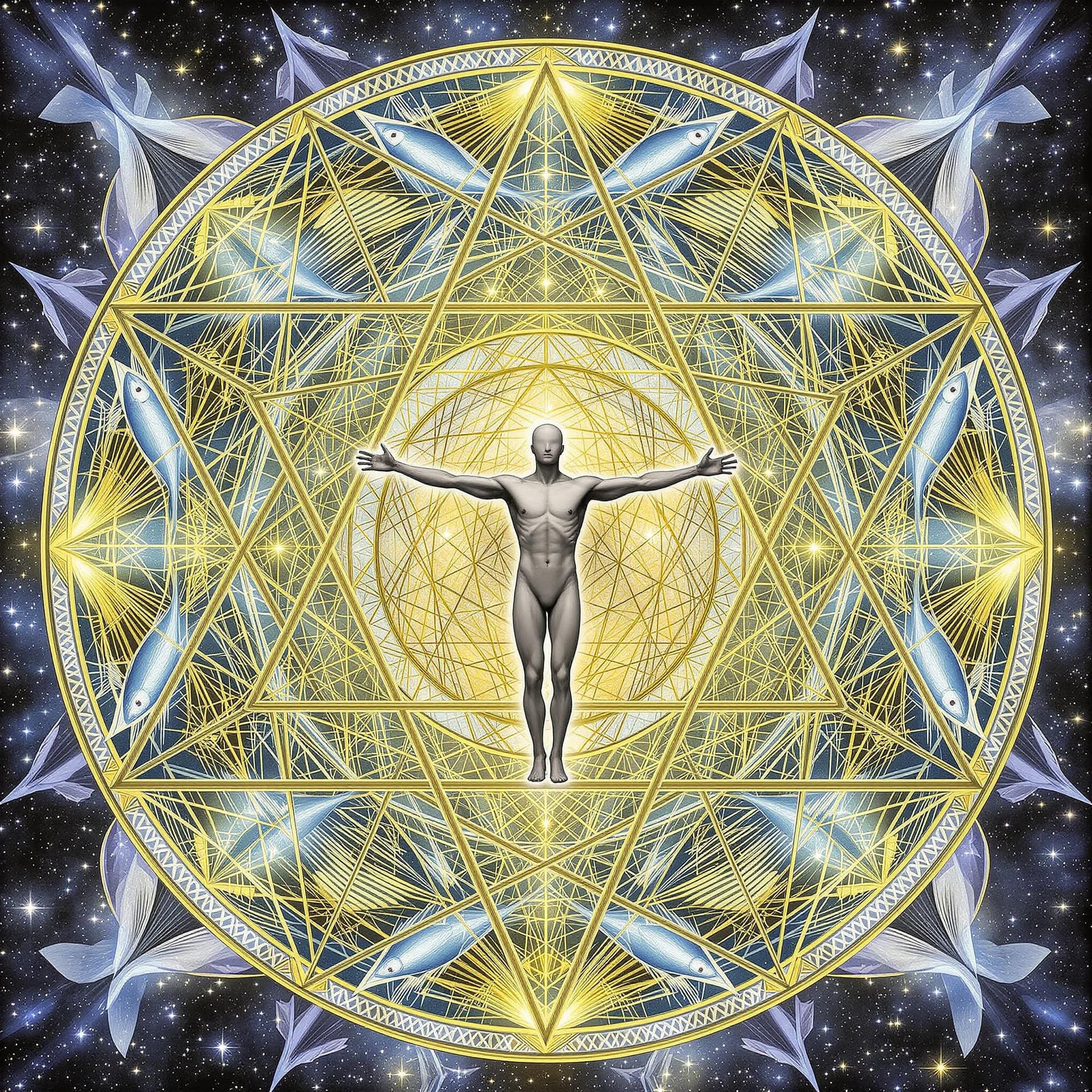 AI generated: A golden ratio crystal grid. cosmic in form and detailed by fish swimming patterns. In the center, a...