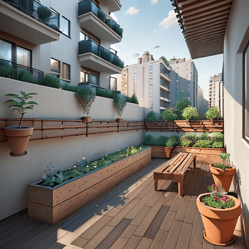 AI generated: small garden with planting pots on the balcony of a modern C-shaped apartment building with brick fi...