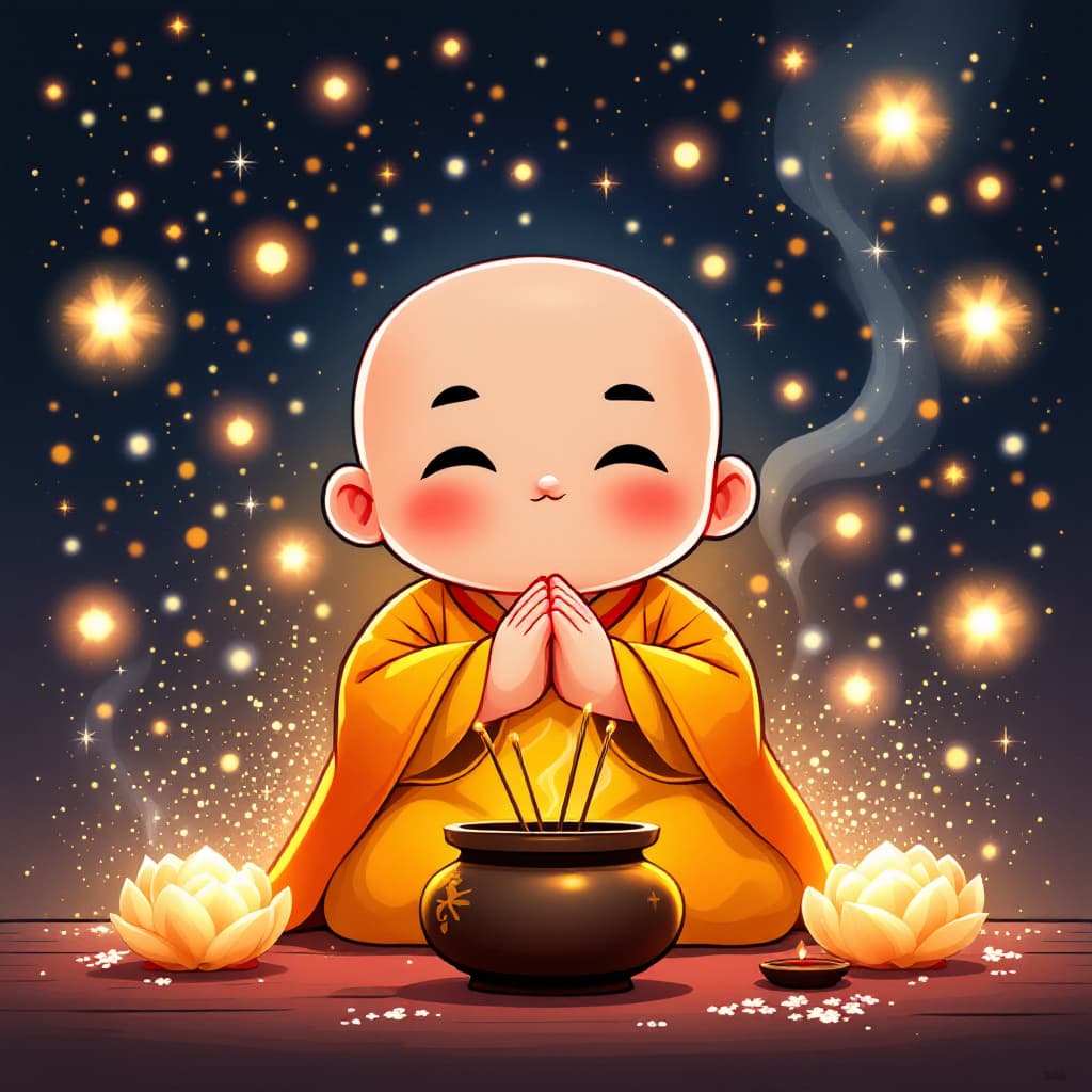 AI generated: A cartoon of a cute little Chinese Taoist priest rendered in Japan, with his hands clasped together,...
