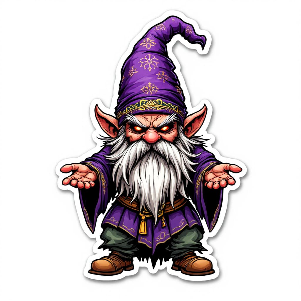 AI generated: A highly detailed full-body cartoon sticker of a whimsical gnome character. The gnome is wearing a v...