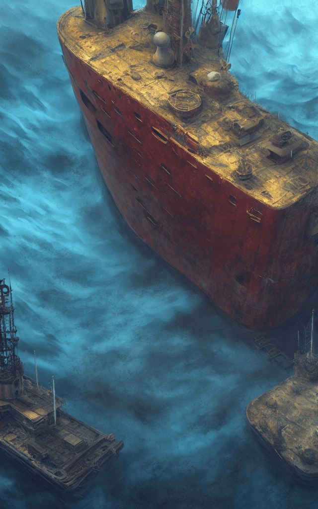 AI generated: an oil painting of the wrecking place of a ship in the bottom of the ocean, cinematic, atmospheric p...