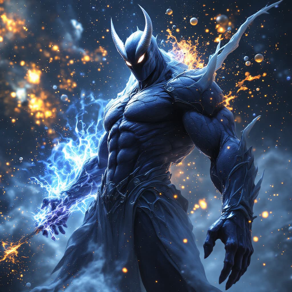 AI generated: God of Acid and Chemicals, full-body, Etherial, muscular, No mouth or hair, Glowing Black eyes, epic...