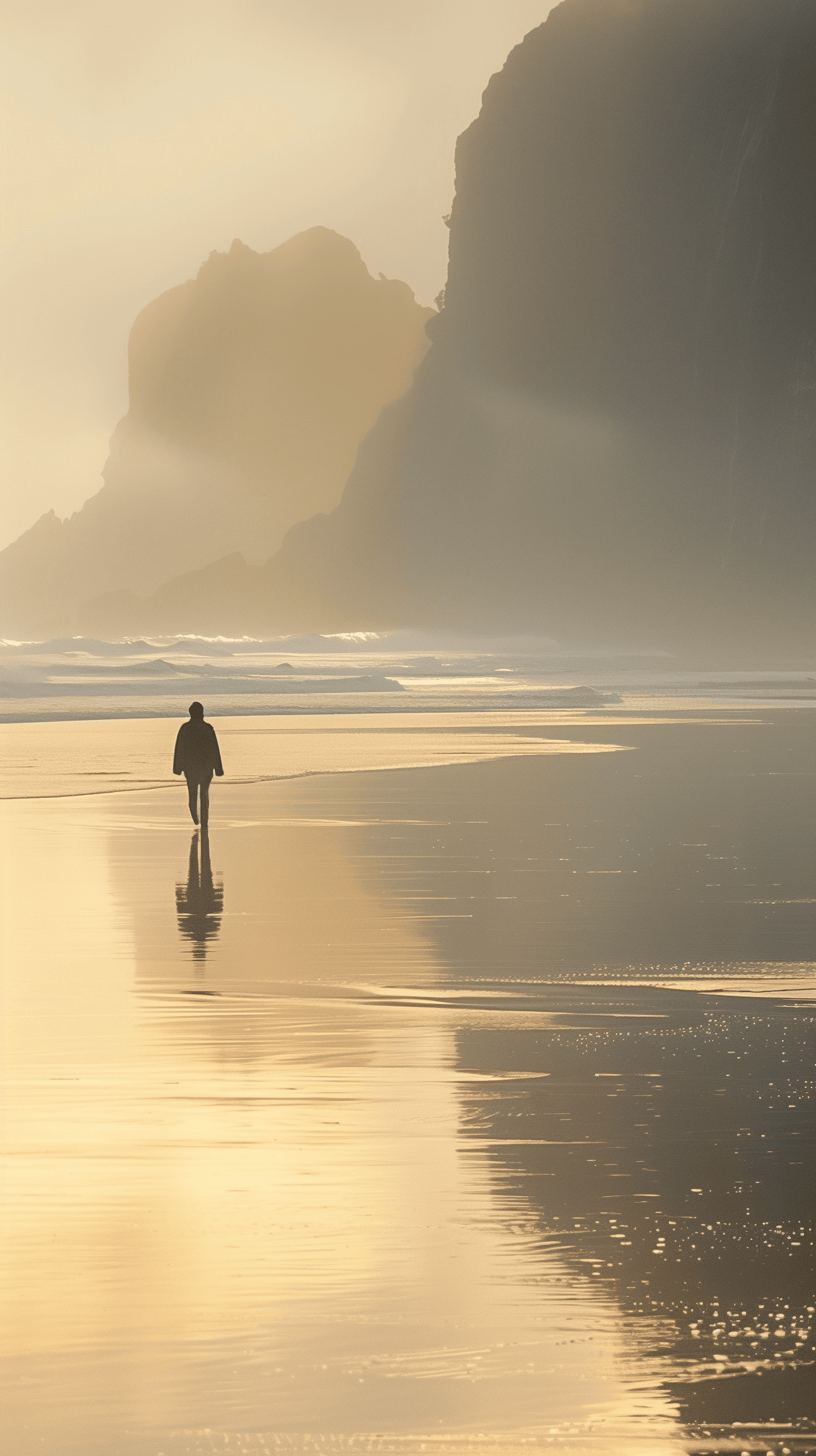 AI generated: scene of a person walking along a beach at twilight, reflected in the wet sand, focus on creating a ...