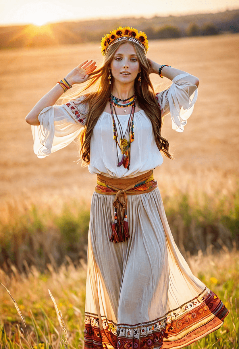 AI generated: HDR photo of woman, hippie, embracing nature, arms outstretched, light brunette hair, wearing a thin...