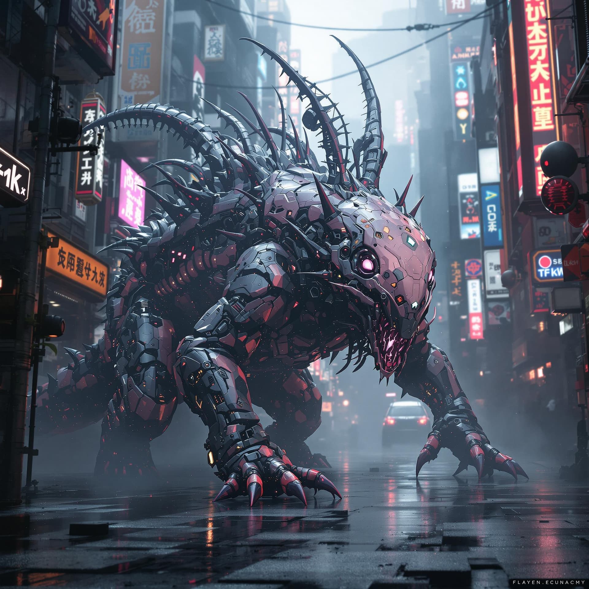 AI generated: Create a giant biomechanical kaiju invasion, axolotl cyberpunk features, 98 therefore of length, Ant...