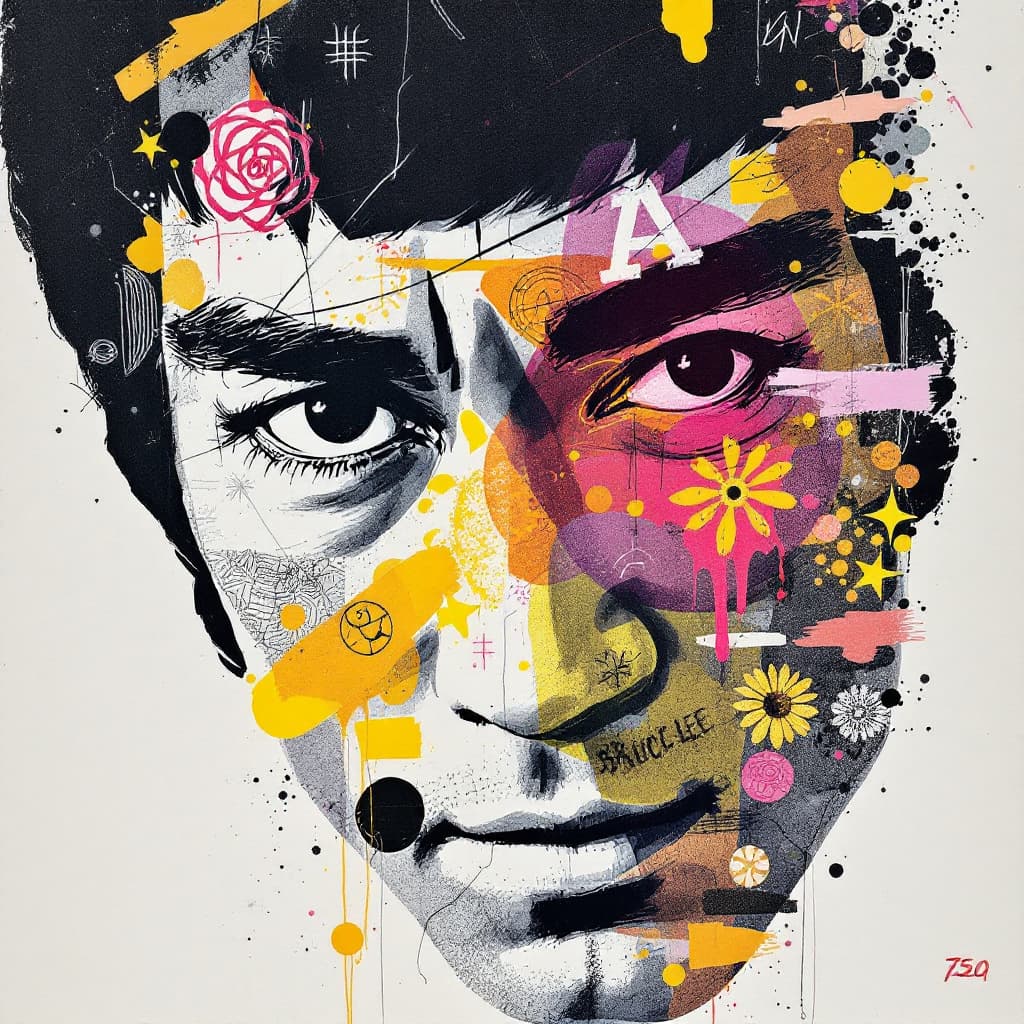AI generated: A mixed media collage featuring a Bruce Lee figure with expressive eyes, adorned in vibrant patterns...