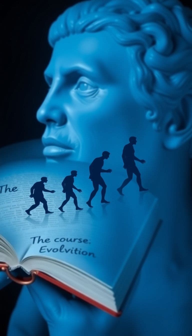 AI generated: The course of human evolution with a book of blue and black creamy color portrait