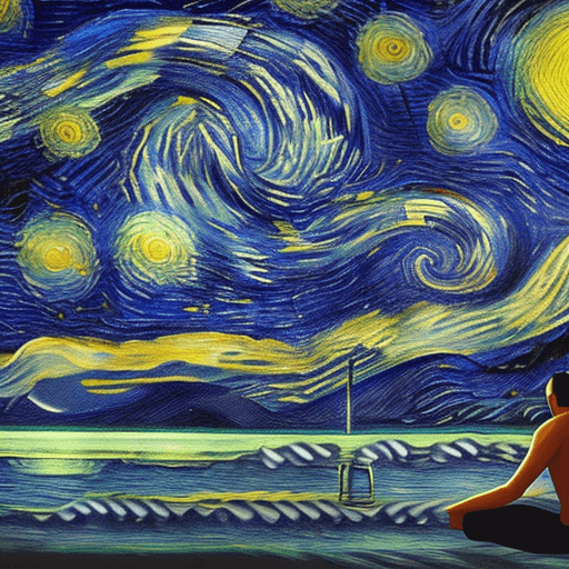 AI generated: a man sitting on beach, watching the sea, starry night, dark theme, a wingull holding side of the ma...