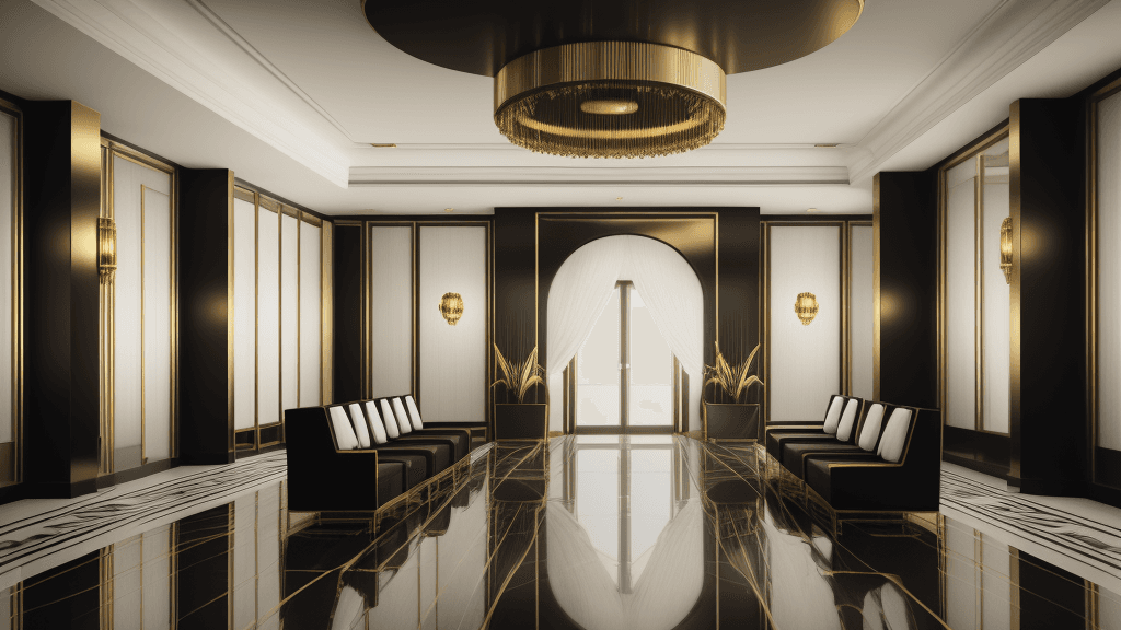 AI generated: interior of an art deco hotel lobby, photoshoot, gold, black, white, hyperreal, octane render, cinem...