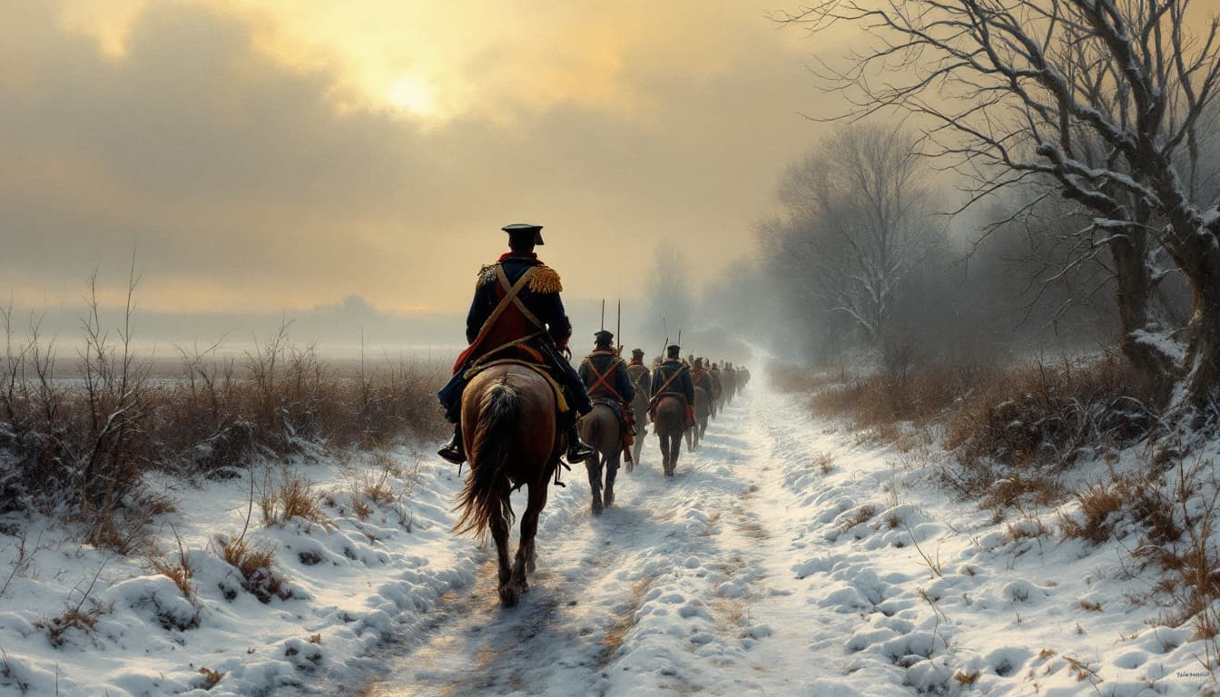 AI generated: rural winter scene, snow, (800 yards away) a mounted captain approaches the camera leading a small g...