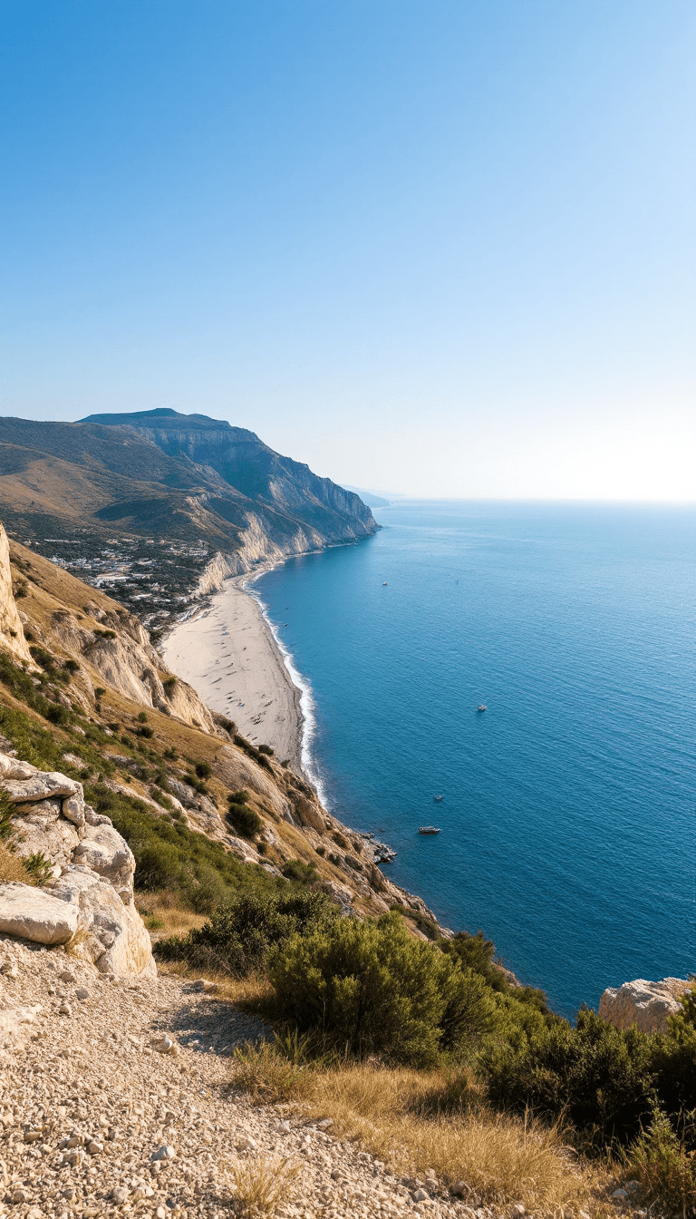 AI generated: A scenic view of the Crimean seaside: rolling hills with patches of green vegetation descending towa...
