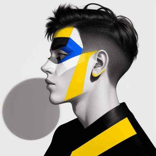 AI generated: abstract portrait of a young man, side profile against white background bisected by a bold yellow ge...