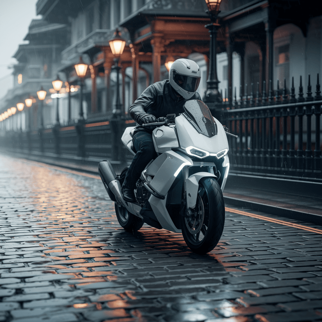 AI generated: A scene of an isle of white motorcycle racing down a cobblestone Victorian-era street, merging the e...