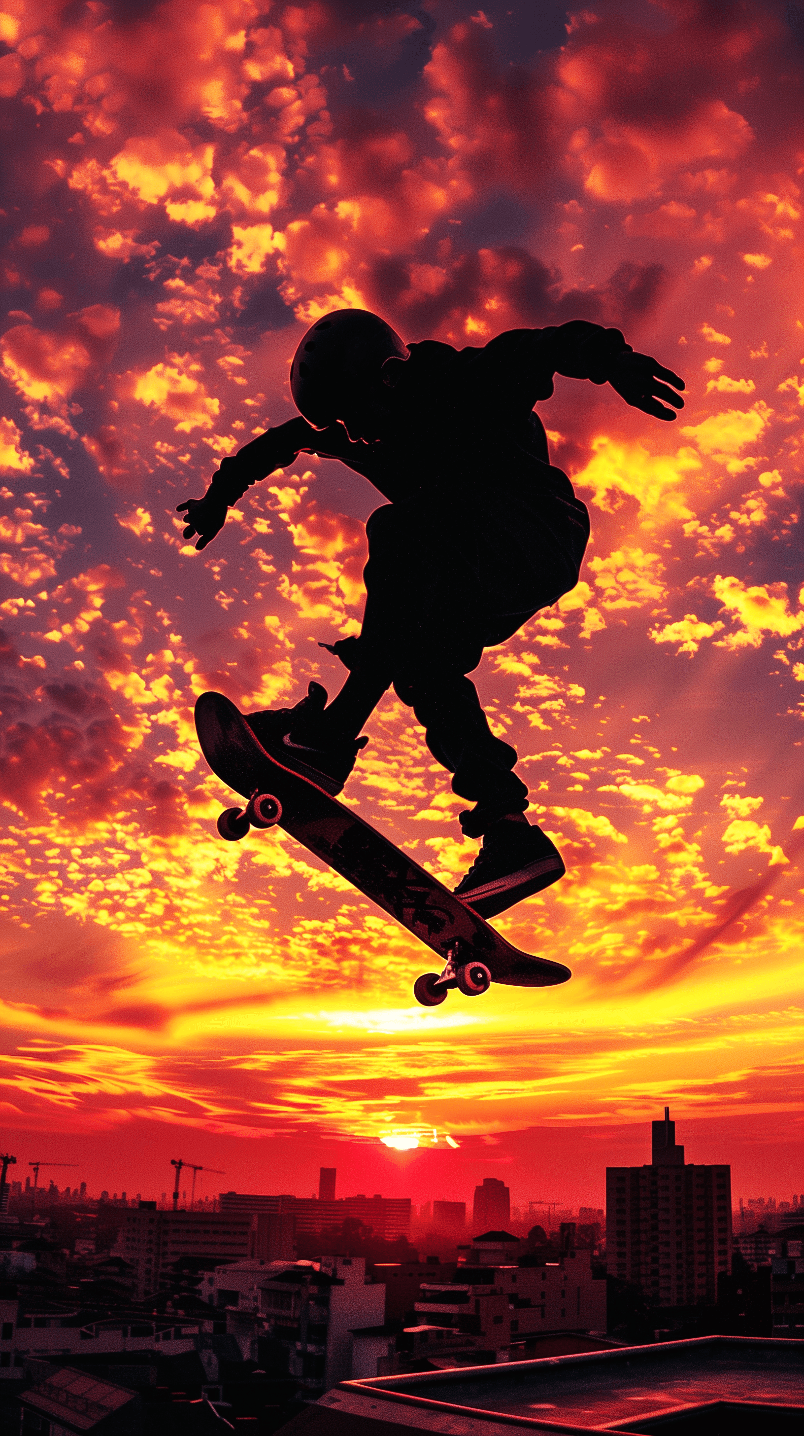 AI generated: create image of a skateboarder performing a trick at sunset, backdrop features a brilliant solid yel...
