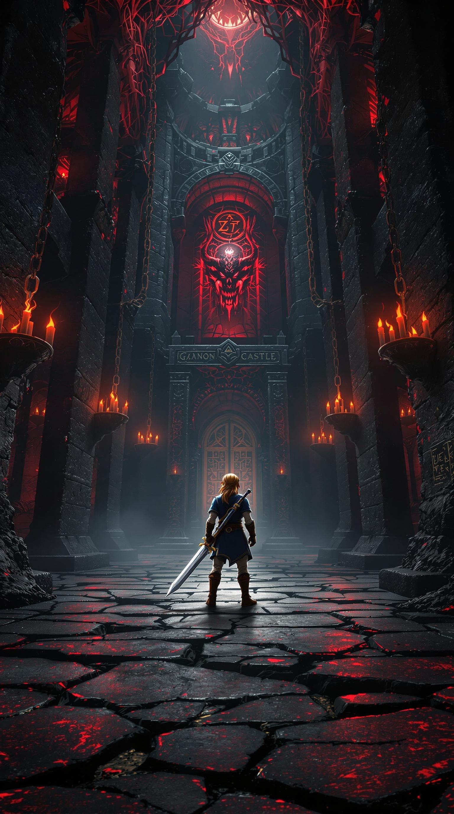 AI generated: "Create a hyper-realistic scene of Link inside Ganon's Castle from The Legend of Zelda. The interior...