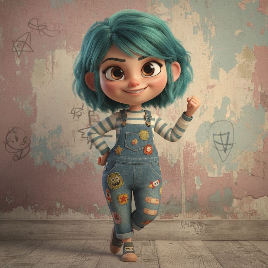 AI generated: Whole body image of a mischievous girl with short teal hair, patched overalls, and band-aids on knee...