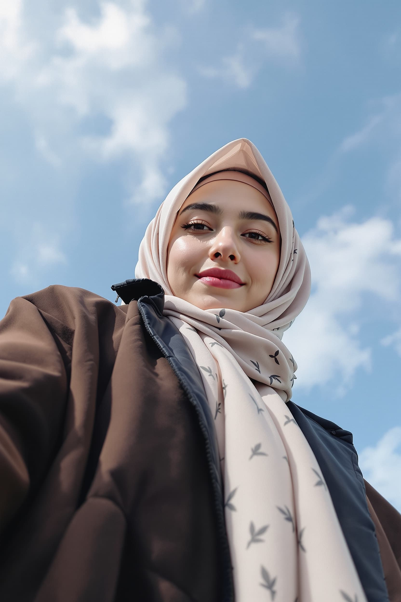 AI generated: The Selfie From botom/low angle Close view, Attractive 27-year-old woman, Skiny head & face, Long ba...
