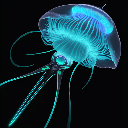 AI generated: bioluminescent jellyfish scissors with energy . backlit with neon multicolor light . cinematic . flo...
