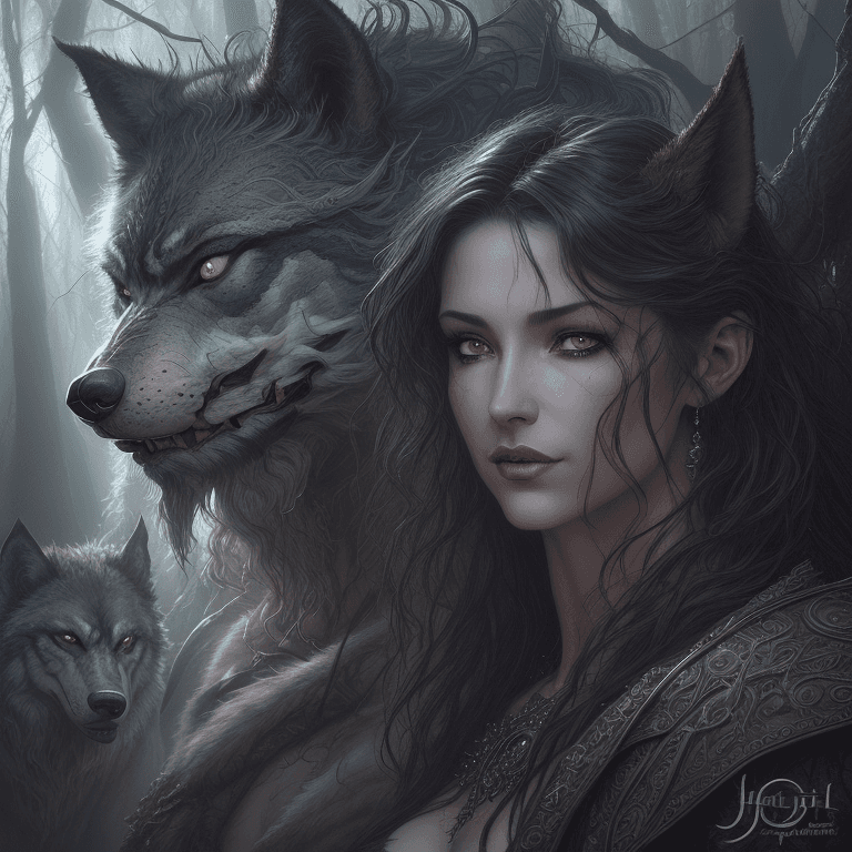 AI generated: A stunningly intricate close up portrait of a couple with a grey werewolf in the forest by night, ((...