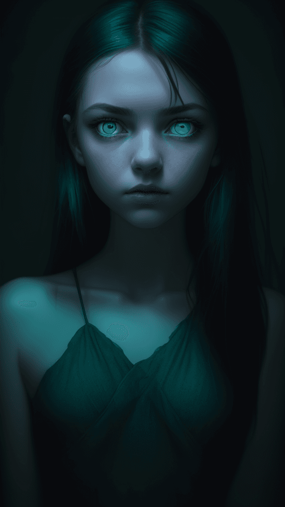 AI generated: a girl's portrait with green eyes, in the style of alessio albi, peter sculthorpe, dark teal and lig...