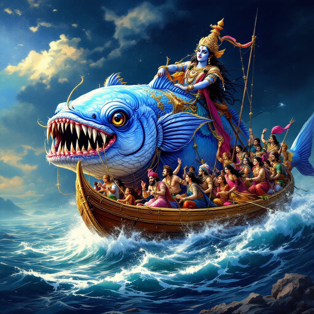 AI generated: hindu mythology character matya avtar  mean  fish pulling a  crowded boat with people in boat wearin...