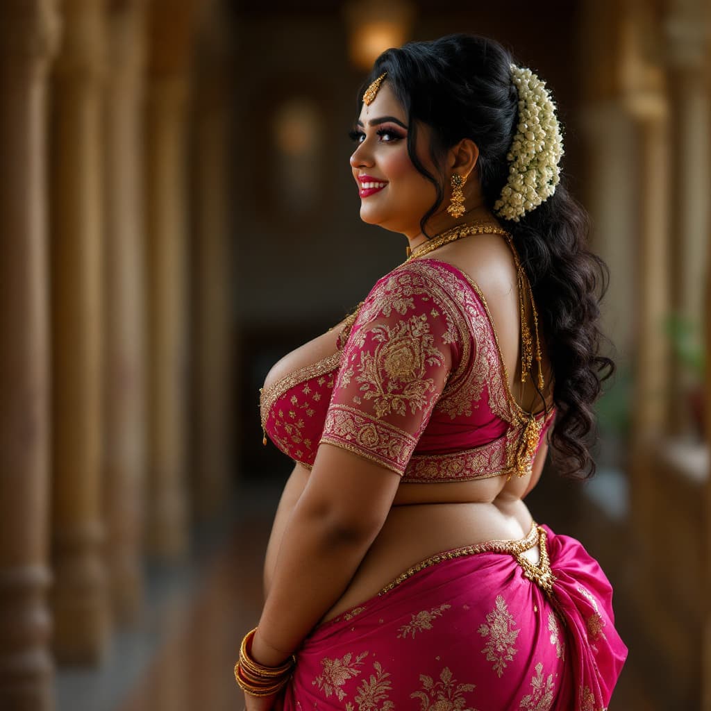 AI generated: full body slightly plus size Indian bride woman  without blouse and undergarments, tight full front ...