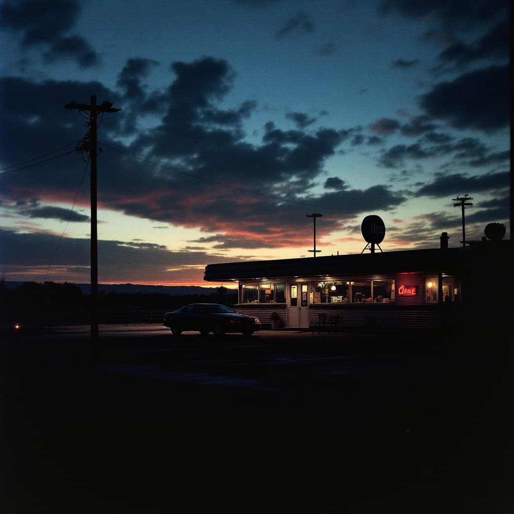 AI generated: Lonely diner at sunset, vintage film grain --ar 1:2 --ar 2:3