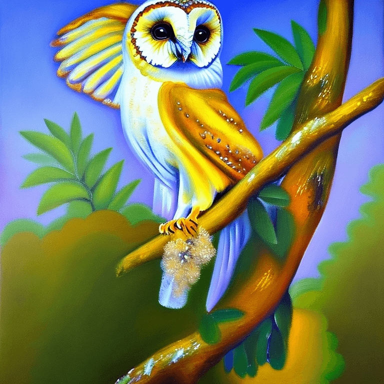 AI generated: Ralistic, ((Masterpiece, best quality)), cute barn owl perching on branch in dream park, Picasso oil...