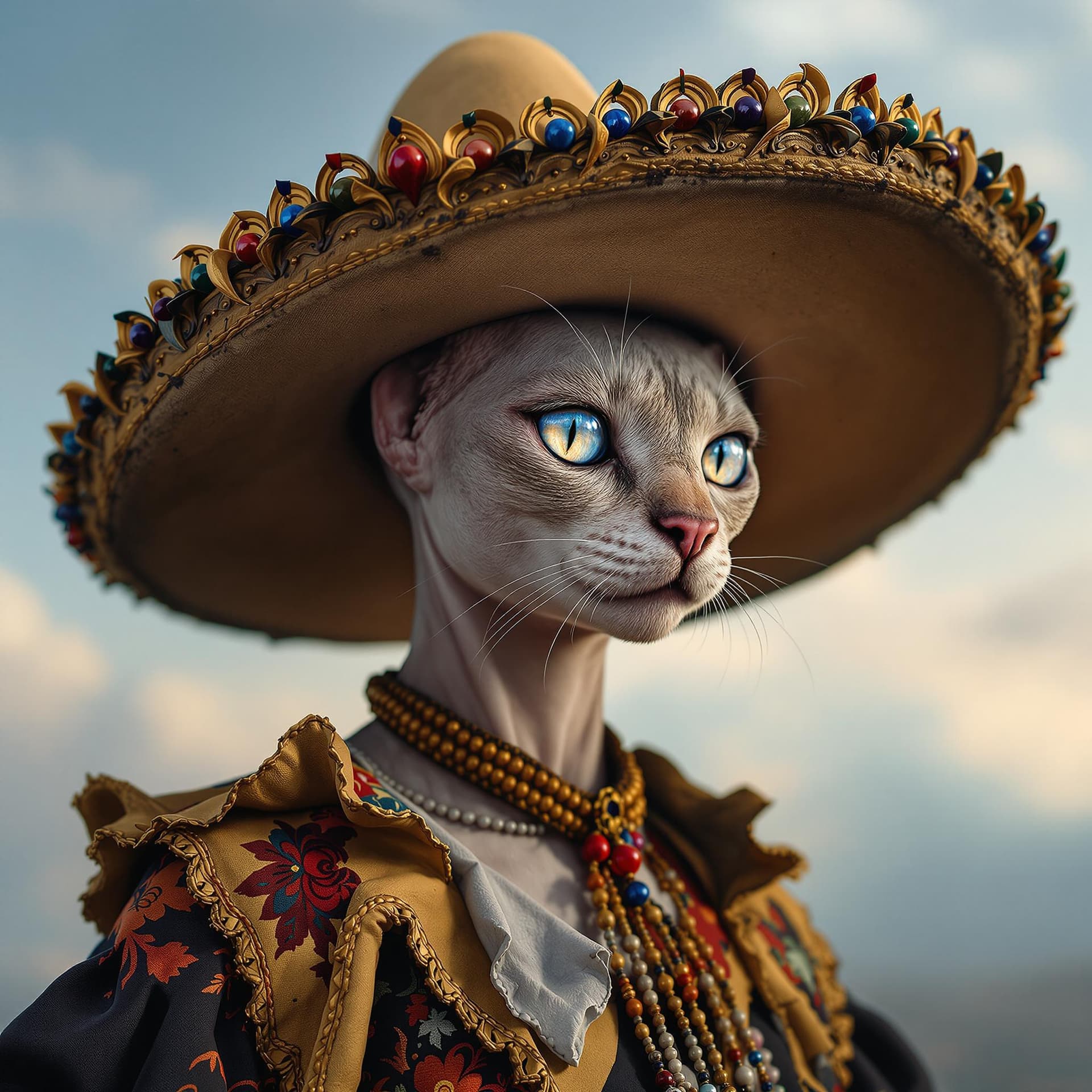 AI generated: ultra realistic photo, fantasy character portrait, female mexican hairless cat anamorphic face!, hyp...
