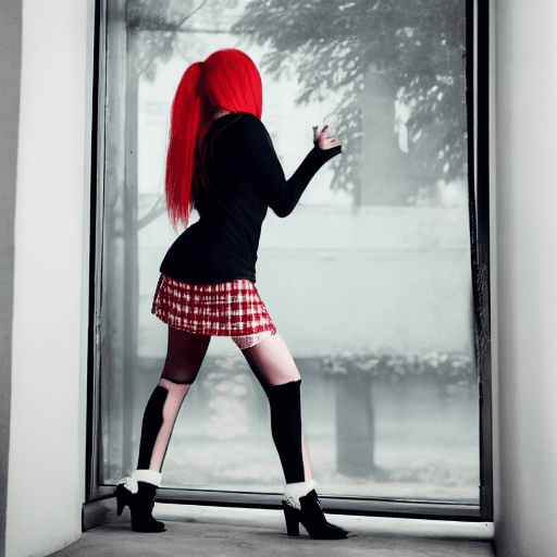 AI generated: A beautiful woman standing next to a window, posing in black long sleeves and a short micro miniskir...