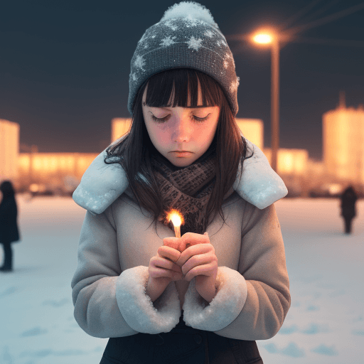 AI generated: girl holding match snow city sad
