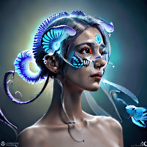 AI generated: Goddess close-up portrait ribcagel. jellyfish phoenix head, nautilus, orchid, skull, betta fish, bio...