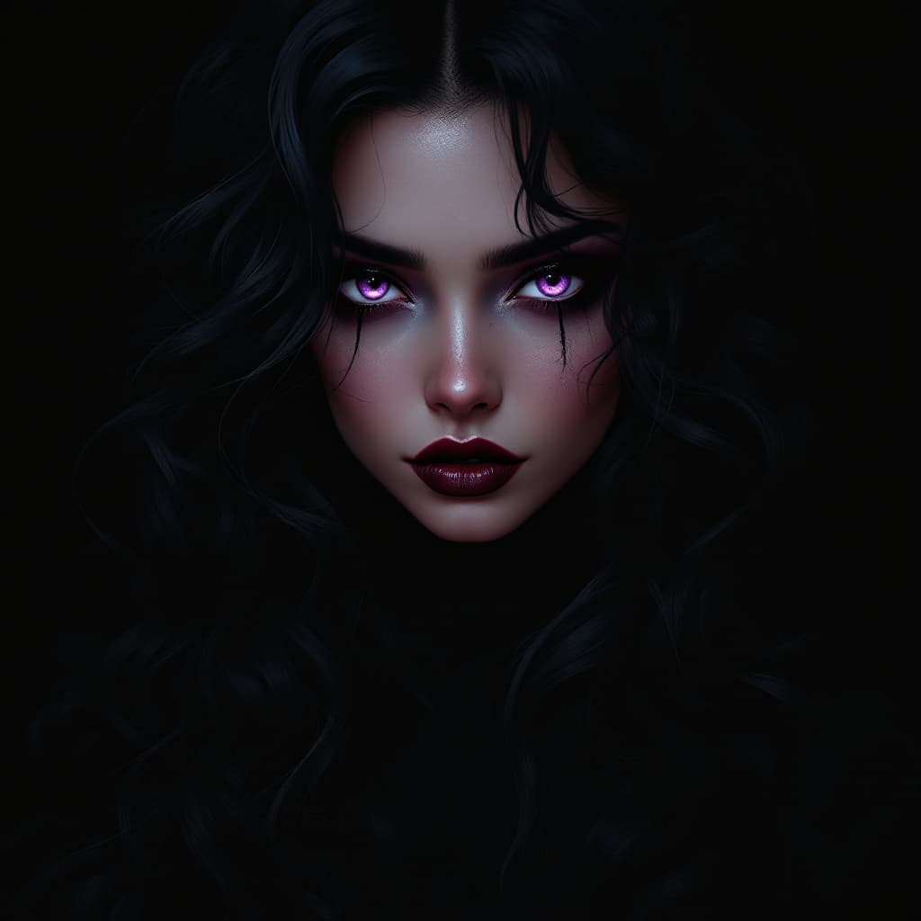 AI generated: gothic anime style,a Girl is cold and arrogant,dark mocha skin, white makeup,purple eyes, long black...