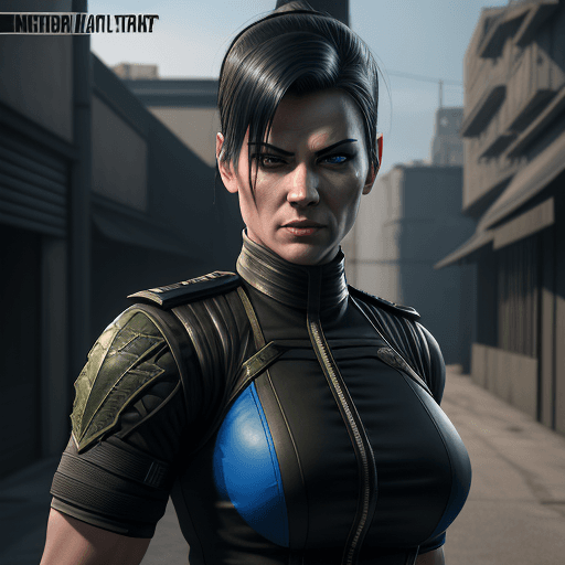 AI generated: Mortal Kombat Sonya Blade, military uniform outfit, outdoor, street, royal blue, hyperrealism, photo...
