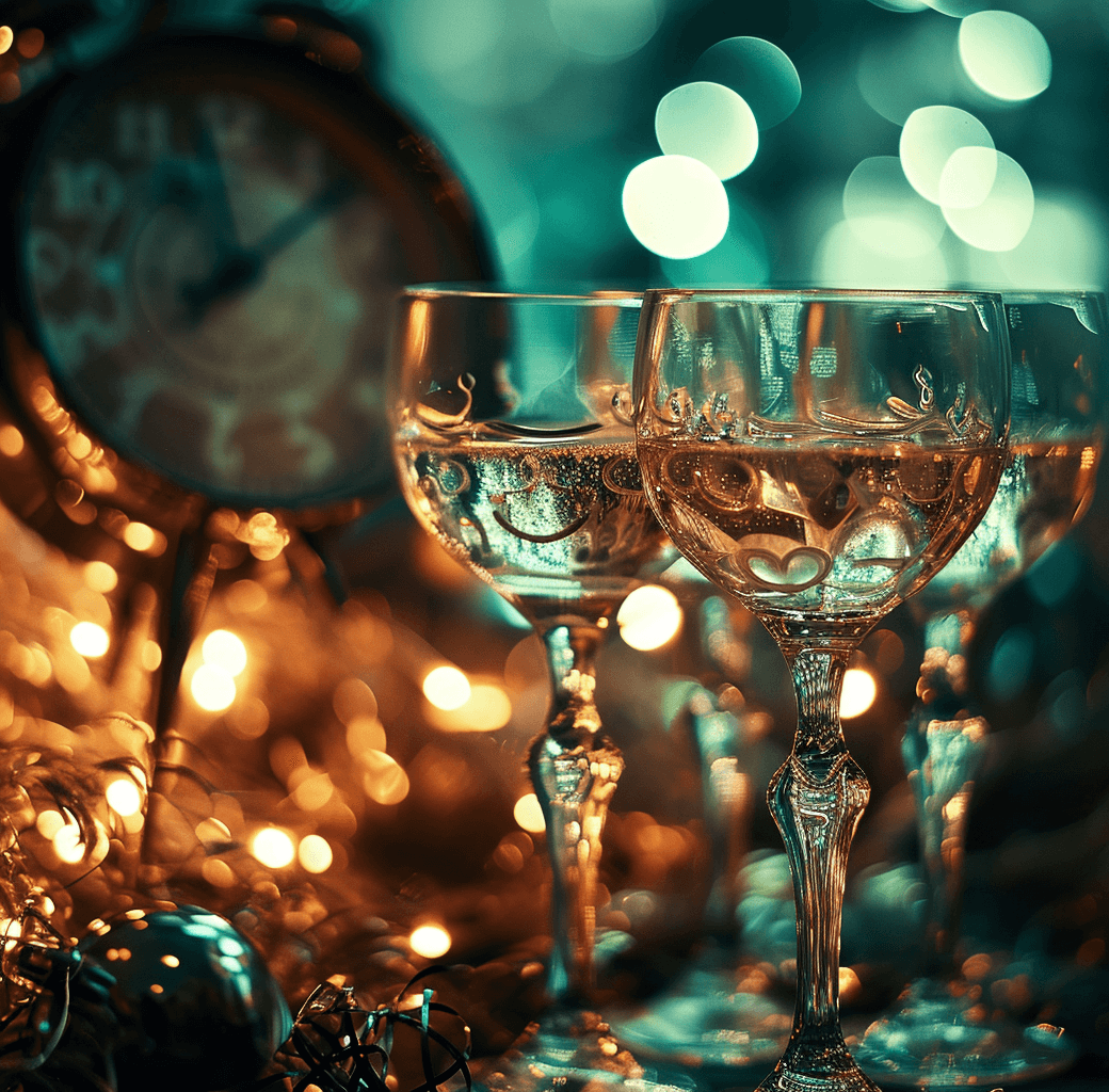 AI generated: new years party with champagne glasses and a clock, in the style of uhd image, cross-processing/proc...