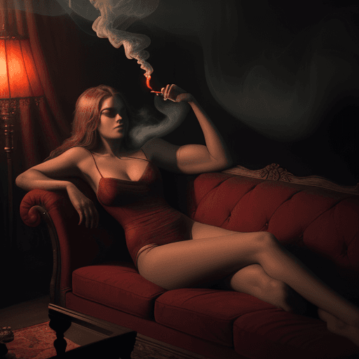 AI generated: photography, dimly lit room with a hazy atmosphere, capturing a female figure lounging on a deep cri...