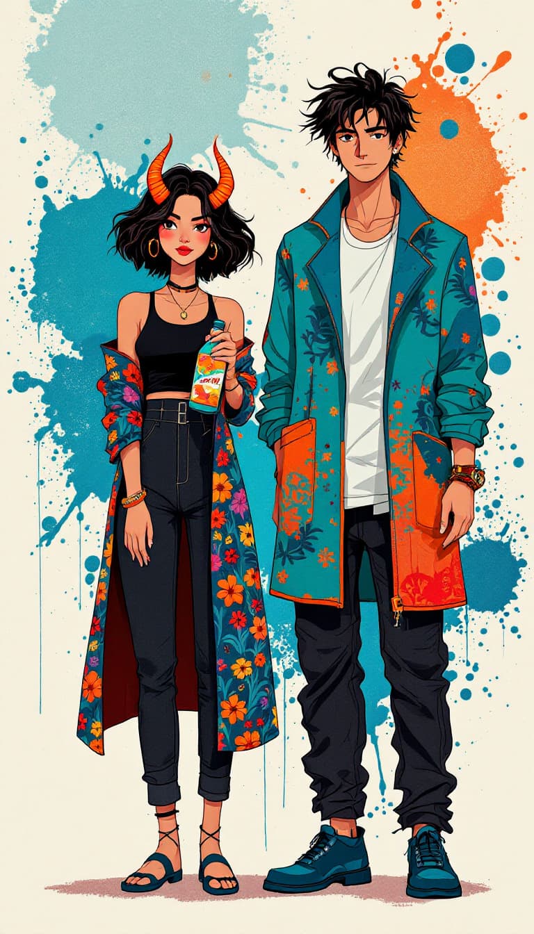 AI generated: Image is a digital illustration featuring two stylized characters with a vibrant and artistic design...