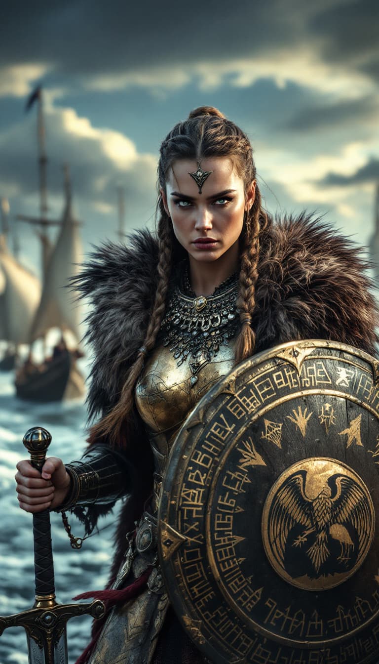 AI generated: A powerful Viking warrior queen with ash-brown hair styled in braided side plaits, wearing gold-plat...